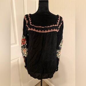 Sundance Black Long-Sleeve Embroidered Boho Blouse